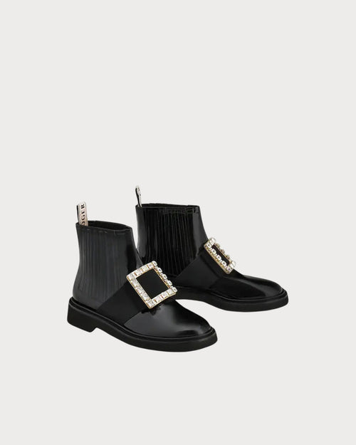 ROGER VIVIER Viv' Rangers Strass Buckle Chelsea Booties in Patent Leather | RV 皮靴 (黑色)
