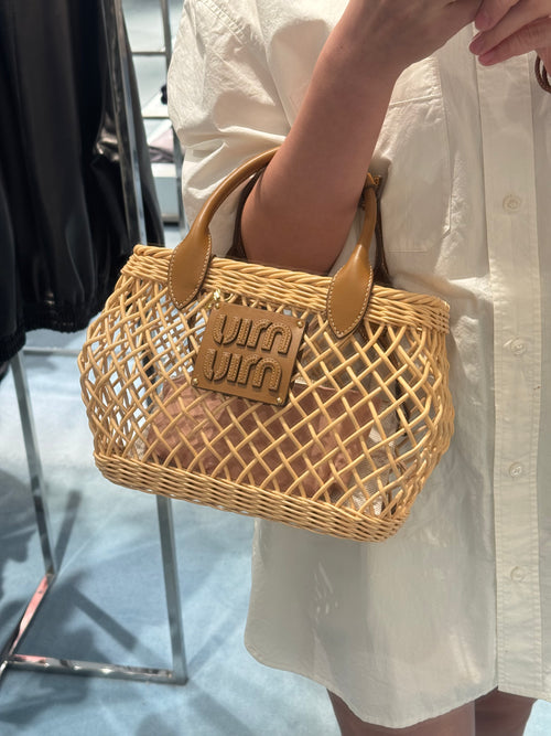 MIU MIU Woven Fabric Handbag with Leather Trim | 繆繆 草編籃 (啡色)