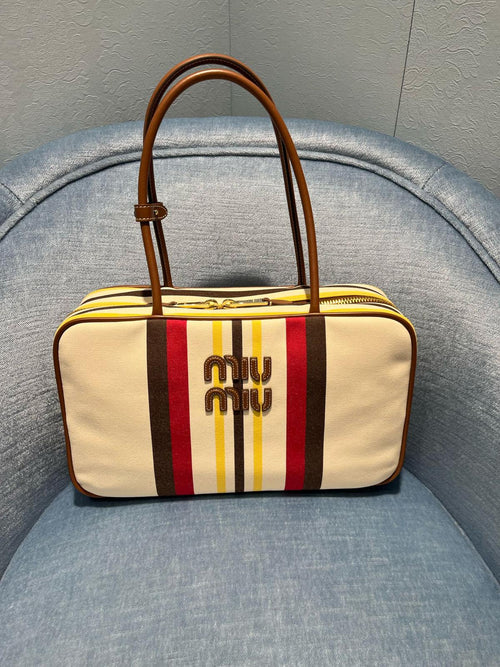 MIU MIU Beau Canvas and Leather Bag | 繆繆 手袋 (啡白色) - LondonKelly 英國名牌代購