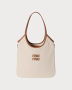MIU MIU Ivy Canvas and Leather Tote Bag | 缪缪 手袋 (米色) - LONDONKELLY 英国名牌代购