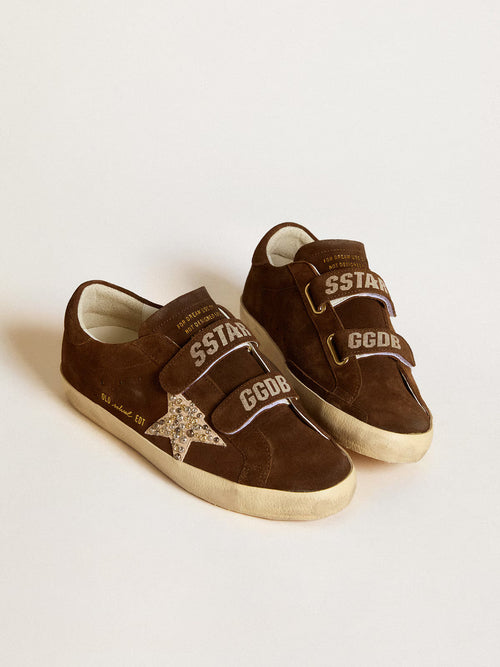 GOLDEN GOOSE Women's Old School in brown suede with beige suede star with studs and pearls | 黃金鵝 女款 Old School 棕色麂皮款，搭配米色麂皮星星並飾以鉚釘與珍珠（棕色）