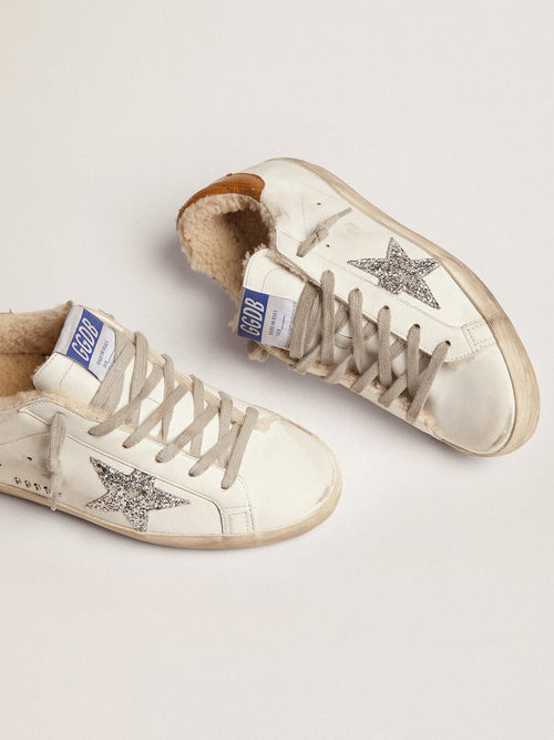 GOLDEN GOOSE Women's Super-Star with shearling lining and silver glitter star | 黃金鵝 女款 Super-Star 內裡羊毛款，搭配銀色亮片星星（白色）